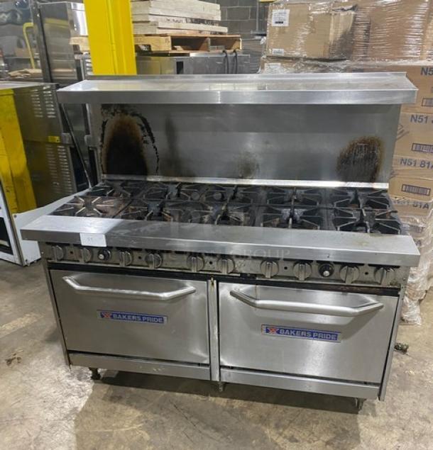 Bakers Pride 60BP10BS26N commercial stainless steel 10-burner range with double oven, backsplash, and overhead salamander shelf.