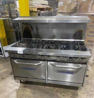 Bakers Pride 60BP10BS26N commercial stainless steel 10-burner range with double oven, backsplash, and overhead salamander shelf.