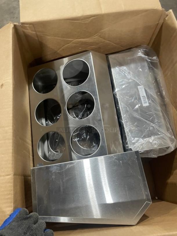 New Winco stainless steel 2-tier utensil holder, model FC6H, features six cylinder holes. In original packaging.