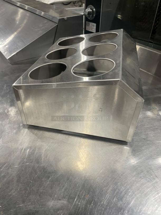 Winco FC6H stainless steel utensil holder, new, 2-tier with 6 cylinder holes, commercial-grade design.