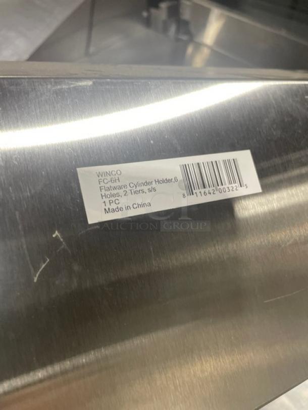 Winco Commercial Stainless Steel 2 Tier Flatware Holder, Model FC-6H, features 6 cylinder holes. New condition, label visible.