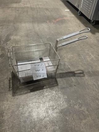 BRAND NEW Winco FB-35 commercial mesh fry basket, 6" deep, gray grip handle, pristine condition, labeled for easy identification.