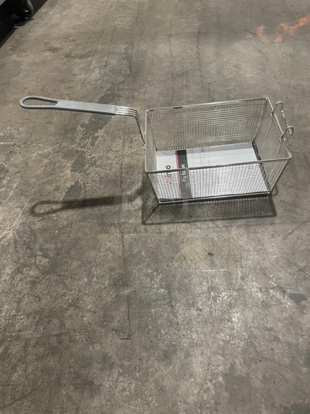 Brand new Winco FB35 commercial 6" deep mesh fry basket with gray grip handle, showcasing sturdy design.