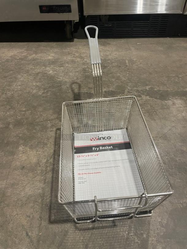Brand new Winco 6” deep mesh fry basket, Model FB-35, with gray grip handle. Includes original label.