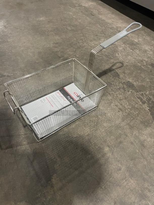 Brand new Winco FB-35 mesh fry basket, 6" deep, with gray grip handle. Includes packaging label.