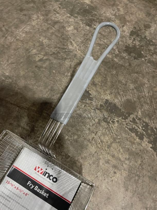 Winco FB35 commercial fry basket, 6" deep, featuring a gray grip handle. New condition with packaging label visible.