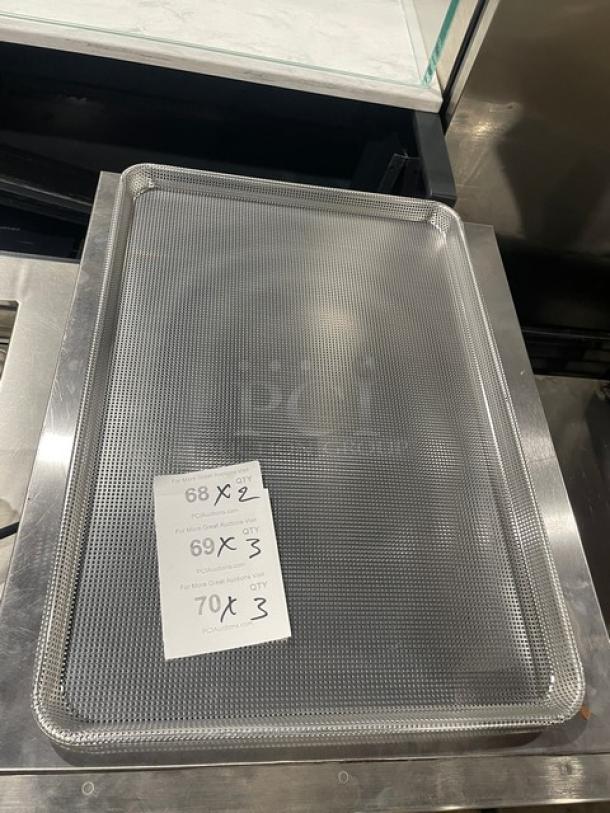 Focus Foodservice Commercial Aluminum Mesh Full-Size Perforated Bun Pan, Model 904692, new condition with visible labels.