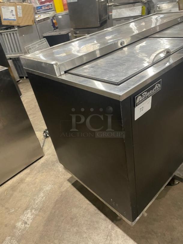 Blue Air BBC50B bottle cooler, black powder-coated, dual stainless steel sliding lids, 115V, commercial use, Model BBC-50B.