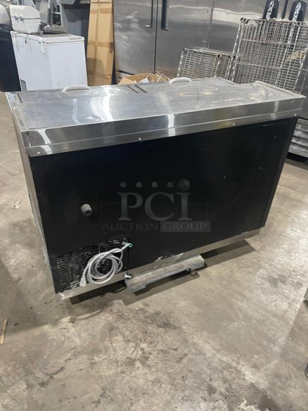 Blue Air BBC-50B horizontal bottle cooler with black powder coat and double stainless steel sliding top lids, 115V, 1 phase.