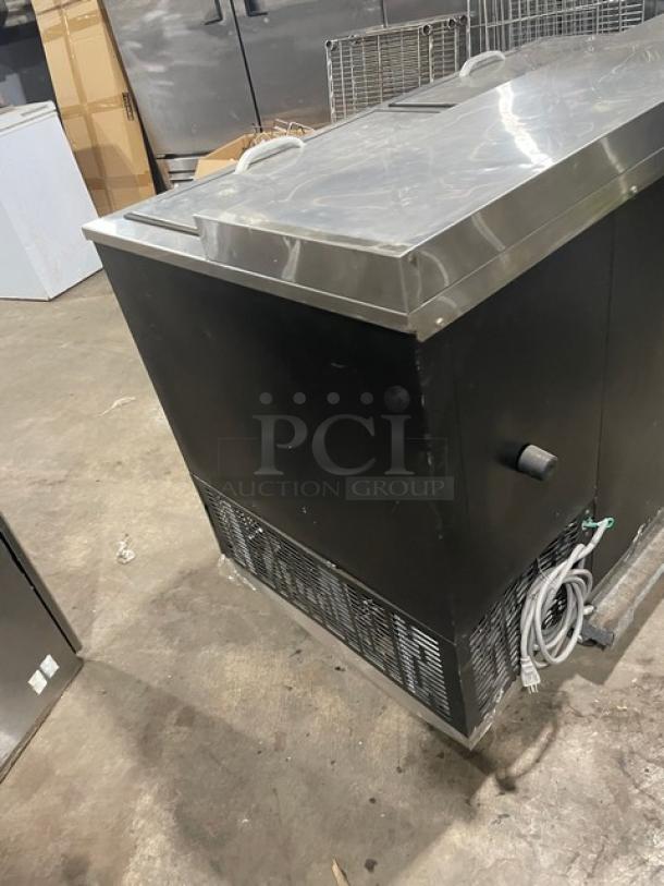 Blue Air BBC50B black powder-coated horizontal bottle cooler with double stainless steel sliding lids, 115V, 1 phase.