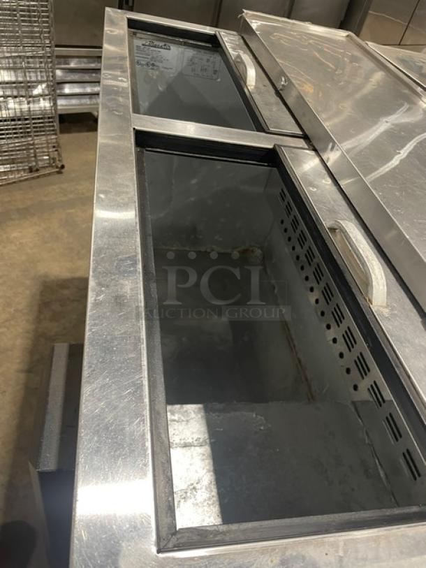 Blue Air BBC50B commercial bottle cooler, black powder-coated, double stainless steel sliding lids, 115V, 1 phase.