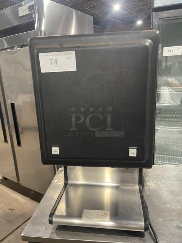 Star HPDE2 condiment warmer dispenser, black powder-coated stainless steel, electric, countertop model, 120V, push buttons, used condition.