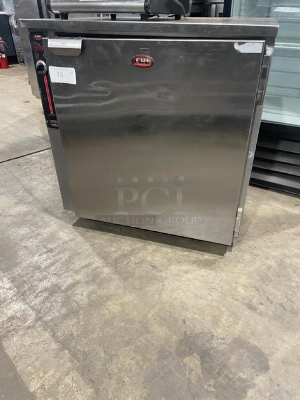 FWE Commercial Stainless Steel Electric Countertop Heated Holding Cabinet, Model HLC-SL1826-8-CHP, with wired racks, on casters.