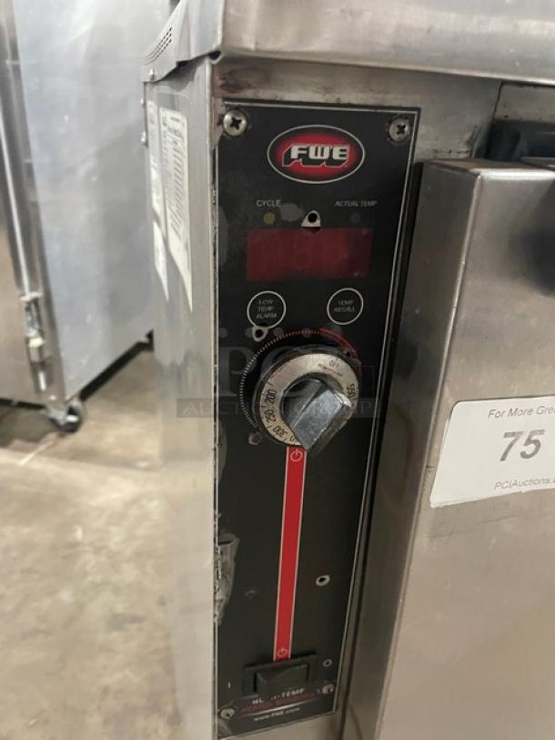 FWE Stainless Steel Electric Warming Cabinet, Model HLC-SL1826-8-CHP, with control panel and wired racks. On casters, 120V.