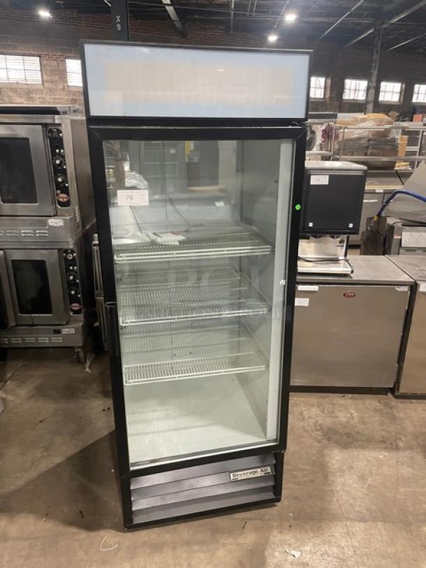 Beverage-Air MT27 commercial glass door refrigerator, black finish, poly-coated wire racks, Model MT27, SN: 6465275.