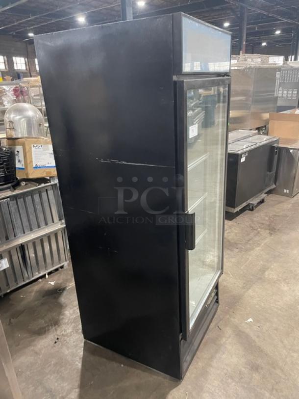 Beverage-Air MT27 commercial black single glass door merchandiser refrigerator with poly-coated wire racks, model MT27.