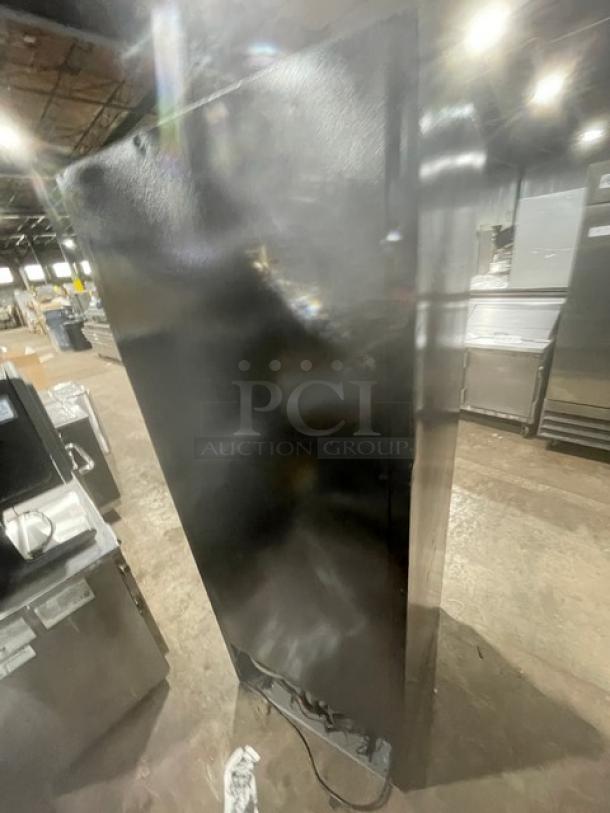 Beverage-Air MT27 black single glass door merchandiser refrigerator, includes poly coated wire racks, model SN: 6465275.
