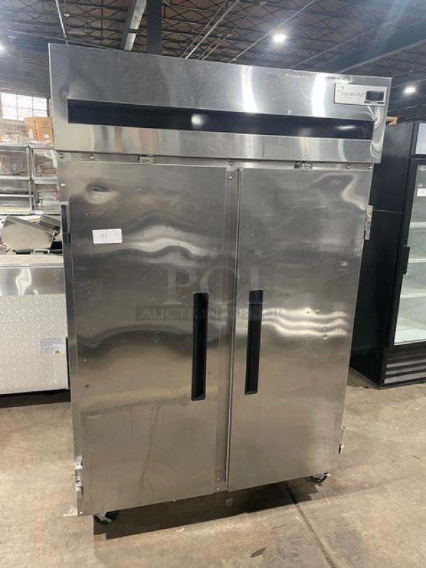 Delfield 6151XL-S stainless steel commercial 2-door reach-in freezer, Energy Star certified, on casters, with wire racks.