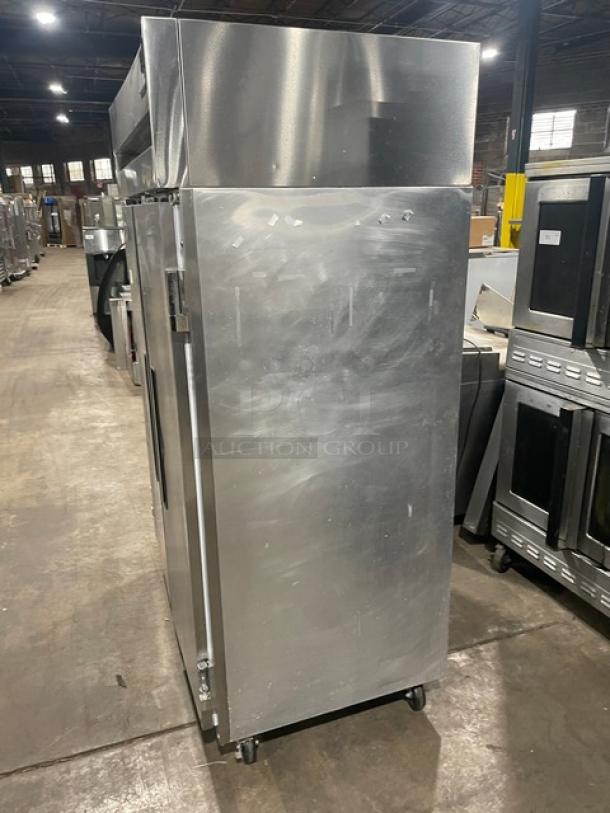 Delfield 6000XL Series 2-door stainless steel freezer, model 6151XL-S, on casters. Energy Star certified, poly coated wire racks.
