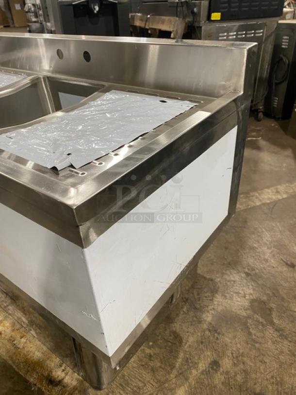 Prepline stainless steel single compartment underbar handwashing sink, model BAR1CLR, with faucet, legs, and 3" back splash.