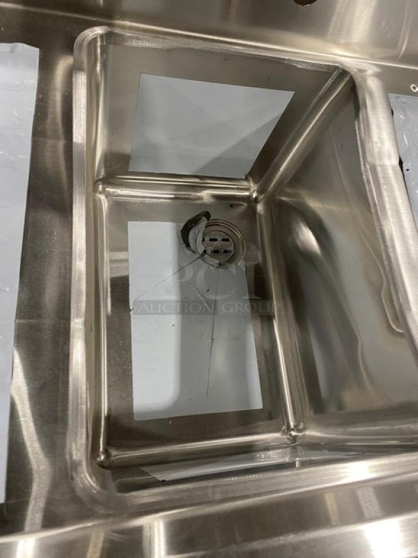 Prepline stainless steel underbar handwashing sink, Model BAR-1C-LR, with faucet, legs, 3" backsplash, and side drain boards.