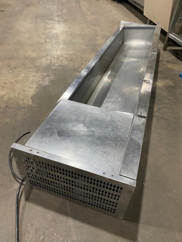 Avantco stainless steel refrigerated countertop prep rail, commercial use, good condition, visible power cord, side vents.