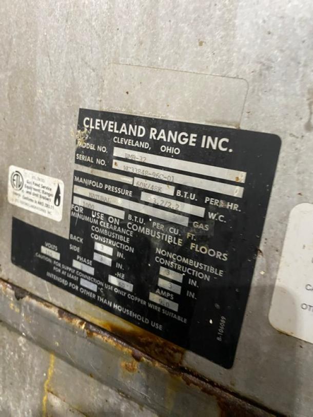 Cleveland Range stainless steel rotisserie oven, model BMR-32, serial WC33848-96C-01, natural gas powered.
