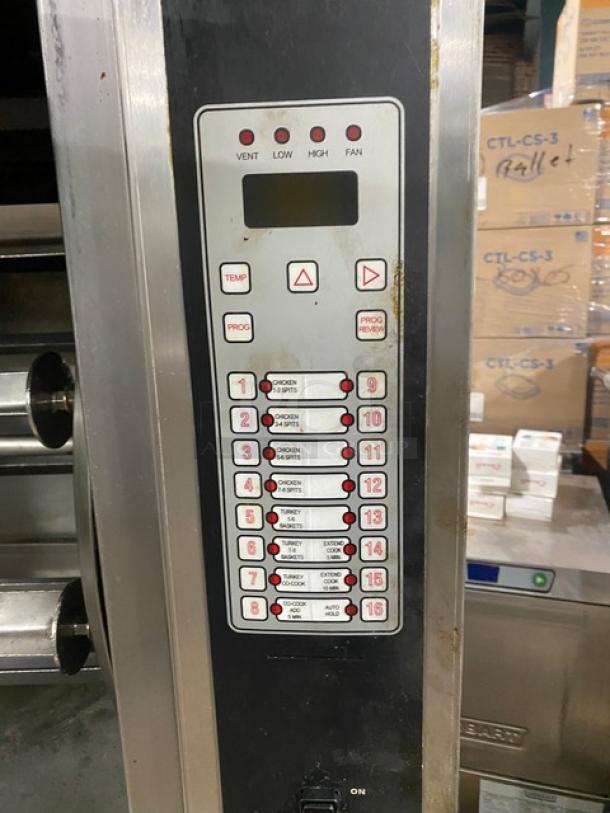 Cleveland Range BMR-32 rotisserie oven control panel with multiple cooking settings, on casters; stainless steel, natural gas-powered.