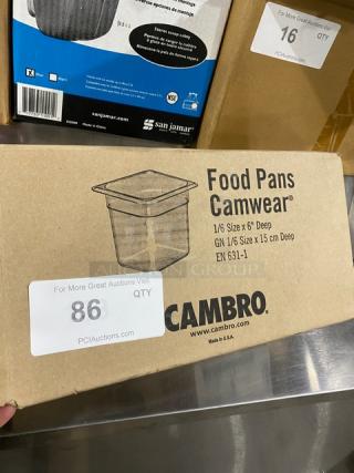 Cambro Camwear Series 1/6-size 6" deep clear polycarbonate food pans, model 66CWTRI135, new, box of 6.
