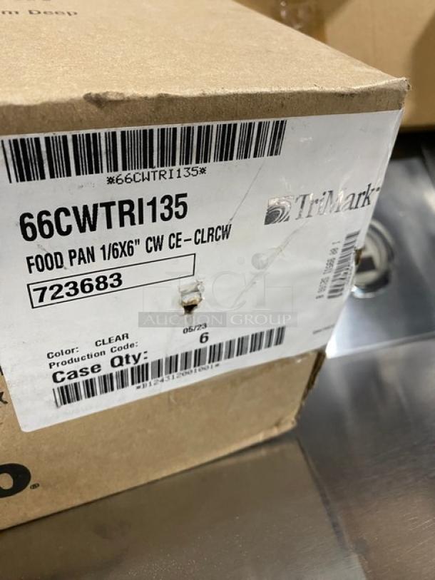 Brand new Cambro Camwear 1/6-size 6" deep clear polycarbonate food pans, model 66CWTRI135, case of 6.