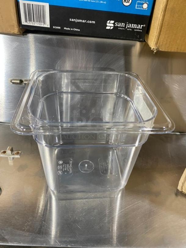 Cambro Camwear Series clear polycarbonate food pan, 1/6-size, 6" deep, model 66CWTRI135, new condition, commercial use.