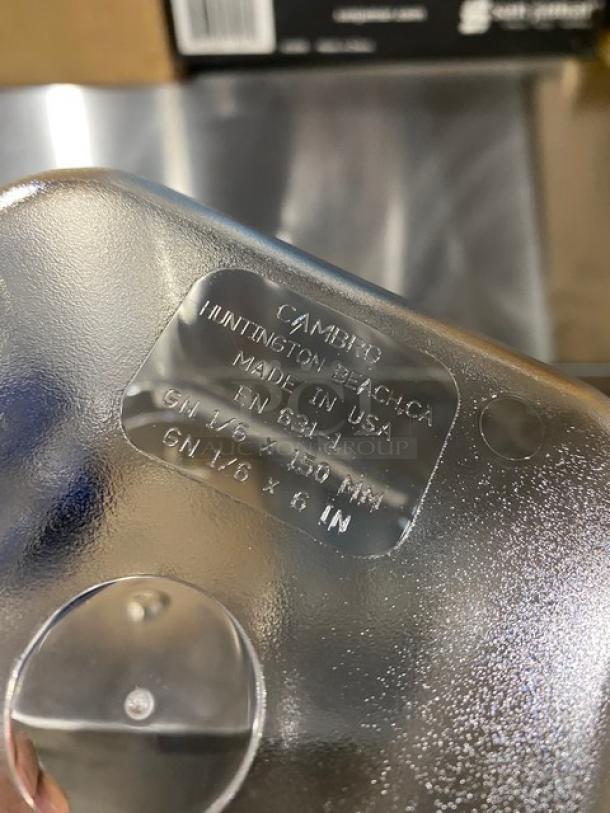 Brand new Cambro Camwear Series clear polycarbonate 1/6-size 6" deep food pans, model 66CWTRI135. Made in USA, 6 per case.