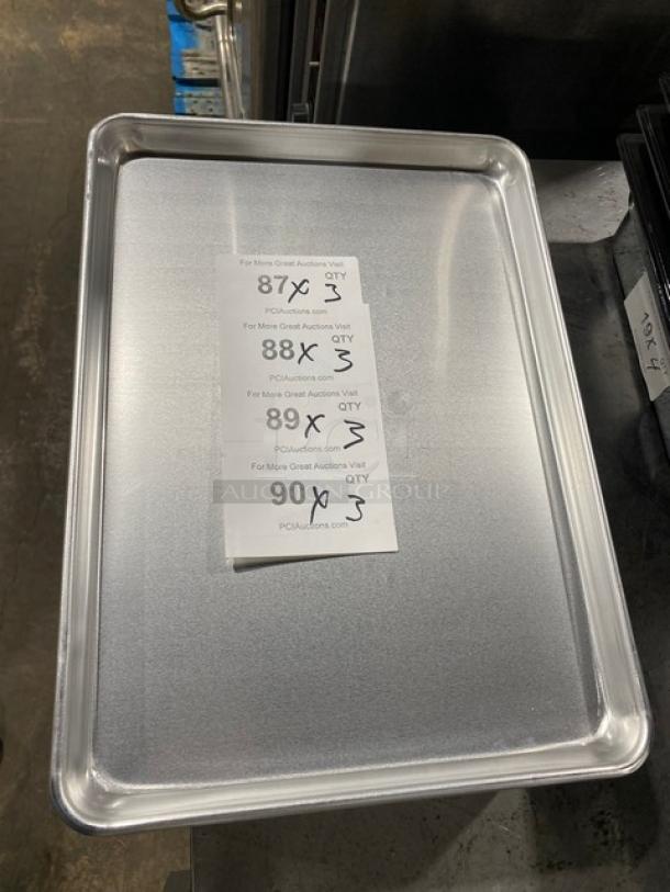 BRAND NEW ABC Manufacturing Commercial Aluminum 1/2-Size Sheet Pan, Model 5321, pristine condition, tags indicate auction details.