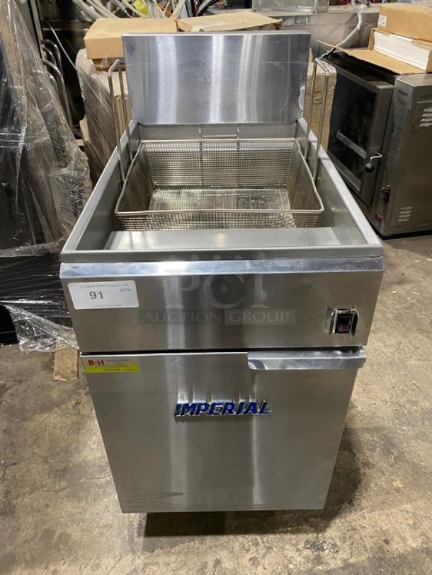 Imperial IFS75E commercial stainless steel deep fat fryer, 75 lb capacity, electric, with backsplash and fry basket. 208V 3 phase.