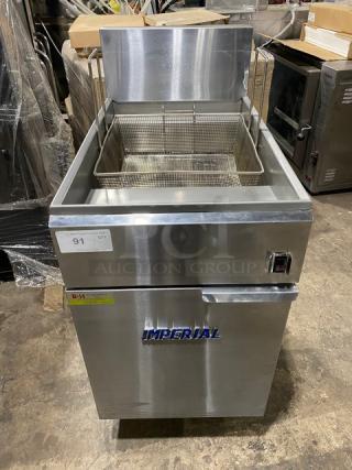 Imperial IFS75E commercial stainless steel deep fat fryer, 75 lb capacity, electric, with backsplash and fry basket. 208V 3 phase.