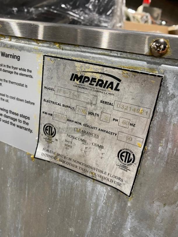 Imperial IFS-75-E stainless steel deep fryer with label showing model, serial number, and electrical specs, 208V, 3 phase.