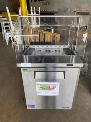 Turbo Air M3 Series refrigerated prep table, model MST-28-N-711S, stainless steel, with sneeze guard and wire rack.