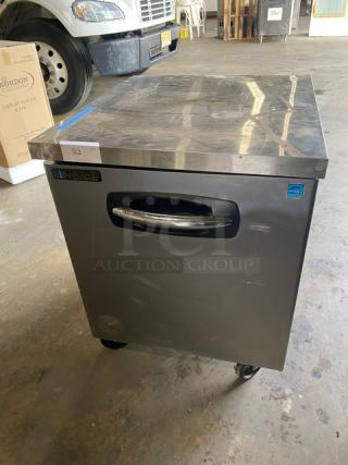 Master-Bilt Fusion Series stainless steel undercounter refrigerator, model UR27, Energy Star certified, on casters, with poly coated rack.