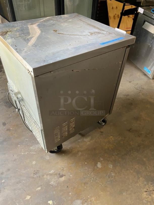 Master-Bilt Fusion Series undercounter worktop refrigerator, model UR27, stainless steel, on casters, Energy Star certified.