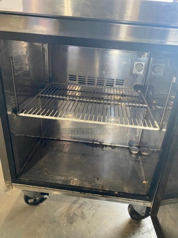 Master-Bilt Fusion Series UR27 stainless steel undercounter refrigerator, Energy Star certified, poly coated rack, on casters.