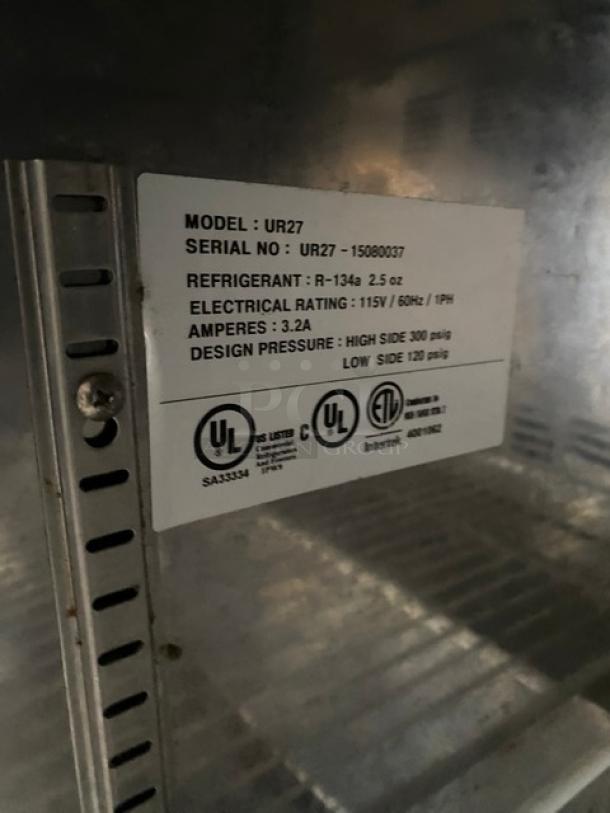 Master-Bilt UR27 Fusion Series commercial refrigerator, stainless steel, Energy Star certified, on casters, with poly-coated rack.