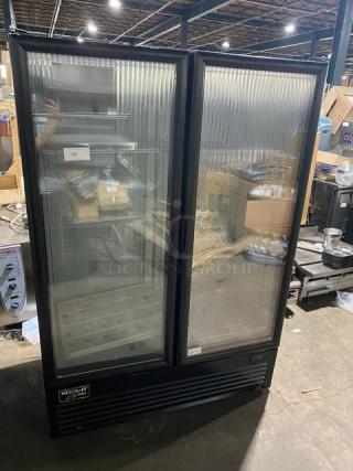 Kool-It Signature Series black commercial freezer, model 163LX46FB, with double glass swing doors and wire racks.
