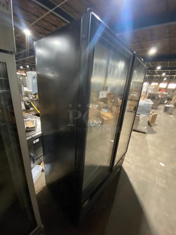 Kool-It 2021 Signature Series black commercial freezer, model 163LX46FB, with double glass swing doors and poly-coated wire racks.