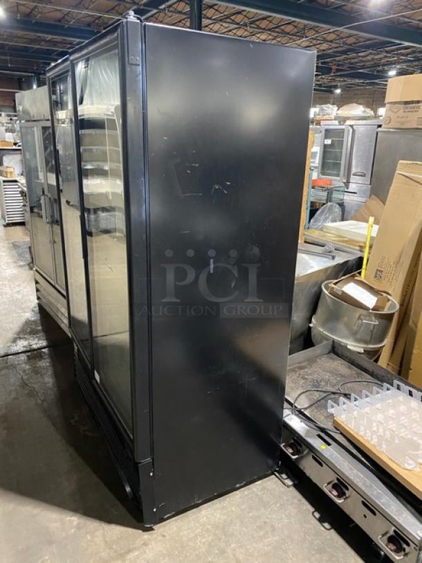 Kool-It Signature Series commercial freezer, model 163LX46FB, black, double glass doors, poly-coated wire racks, excellent condition.