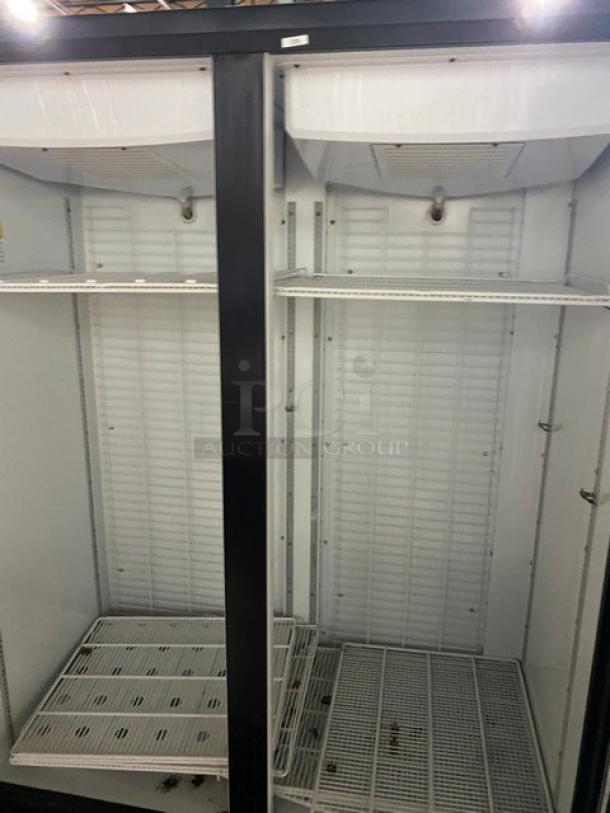 Kool-It 2021 commercial freezer, model 163LX46FB, double glass doors, poly coated wire racks, black trim, 115V 1 phase.