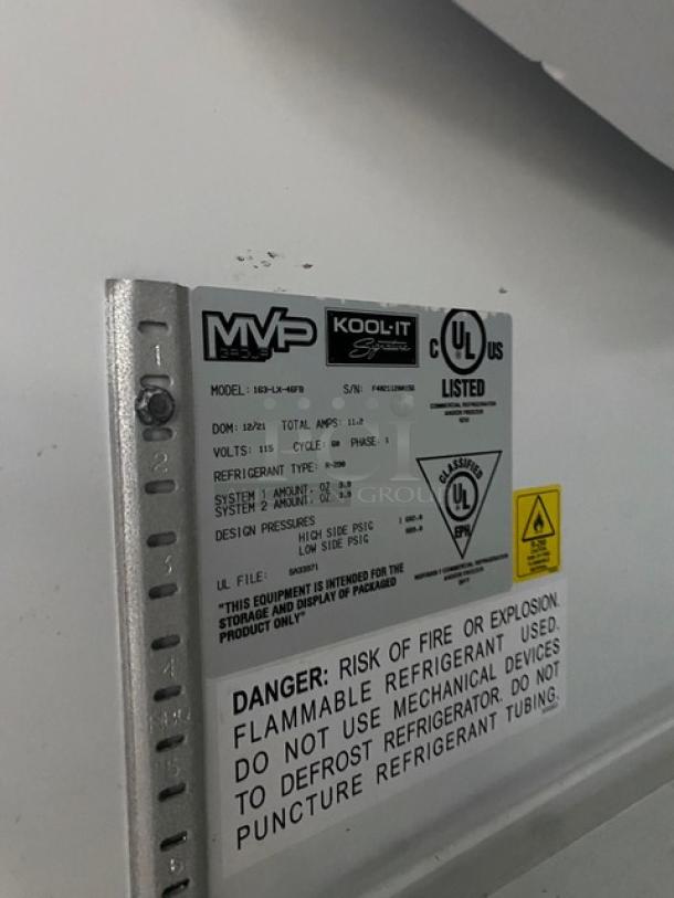 Kool-It Signature Series commercial freezer model 163LX46FB label showing specs: 115V, 1 phase, UL listed, SN: F40211200156.