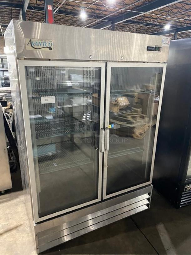 Avantco Model 178SS2RGHC stainless steel double glass swing door merchandiser refrigerator with poly coated wire racks.