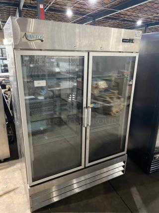 Avantco Model 178SS2RGHC stainless steel double glass swing door merchandiser refrigerator with poly coated wire racks.