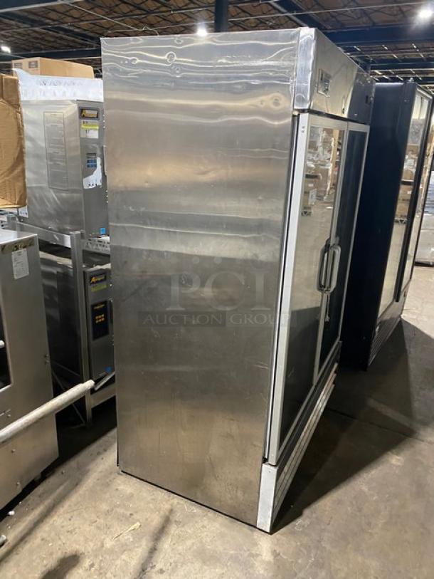 Avantco stainless steel double glass door refrigerator, model 178SS2RGHC, poly coated wire racks, 115V, in used condition.