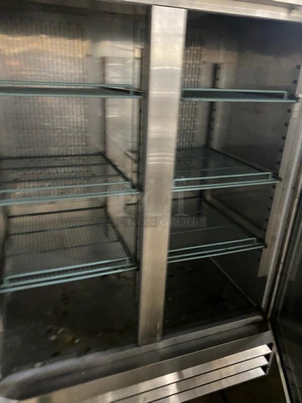Avantco commercial stainless steel double glass door refrigerator, model 178SS2RGHC, with poly-coated wire racks, 115V.